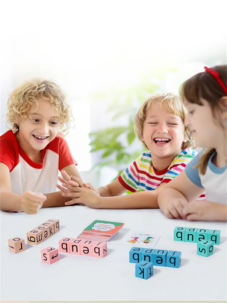 Spell The Word Game, Wooden Reading Building Blocks with 54 Cards, Montessori Alphabet Learning Toy