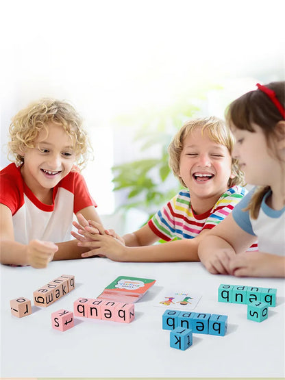 Spell The Word Game, Wooden Reading Building Blocks with 54 Cards, Montessori Alphabet Learning Toy