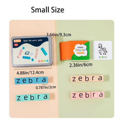 Spell The Word Game, Wooden Reading Building Blocks with 54 Cards, Montessori Alphabet Learning Toy