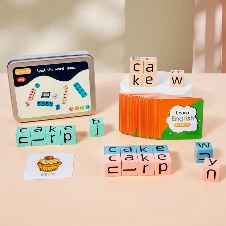 Spell The Word Game, Wooden Reading Building Blocks with 54 Cards, Montessori Alphabet Learning Toy