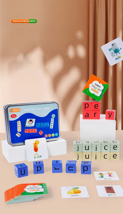 Spell The Word Game, Wooden Reading Building Blocks with 54 Cards, Montessori Alphabet Learning Toy