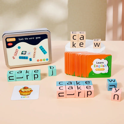 Spell The Word Game, Wooden Reading Building Blocks with 54 Cards, Montessori Alphabet Learning Toy