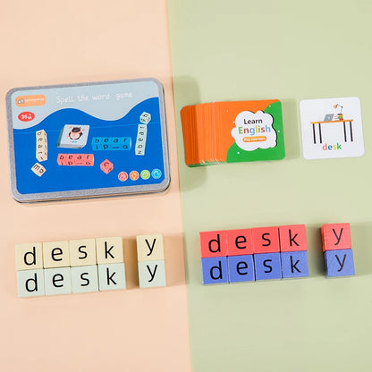 Spell The Word Game, Wooden Reading Building Blocks with 54 Cards, Montessori Alphabet Learning Toy