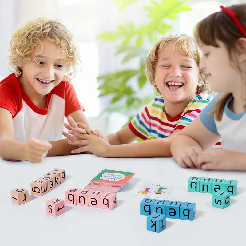 Spell The Word Game, Wooden Reading Building Blocks with 54 Cards, Montessori Alphabet Learning Toy