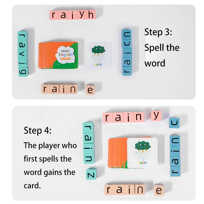 Spell The Word Game, Wooden Reading Building Blocks with 54 Cards, Montessori Alphabet Learning Toy