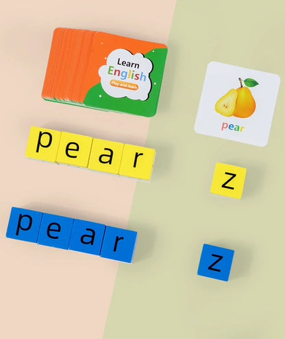 Spell The Word Game, Wooden Reading Building Blocks with 54 Cards, Montessori Alphabet Learning Toy