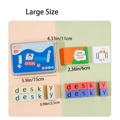 Spell The Word Game, Wooden Reading Building Blocks with 54 Cards, Montessori Alphabet Learning Toy